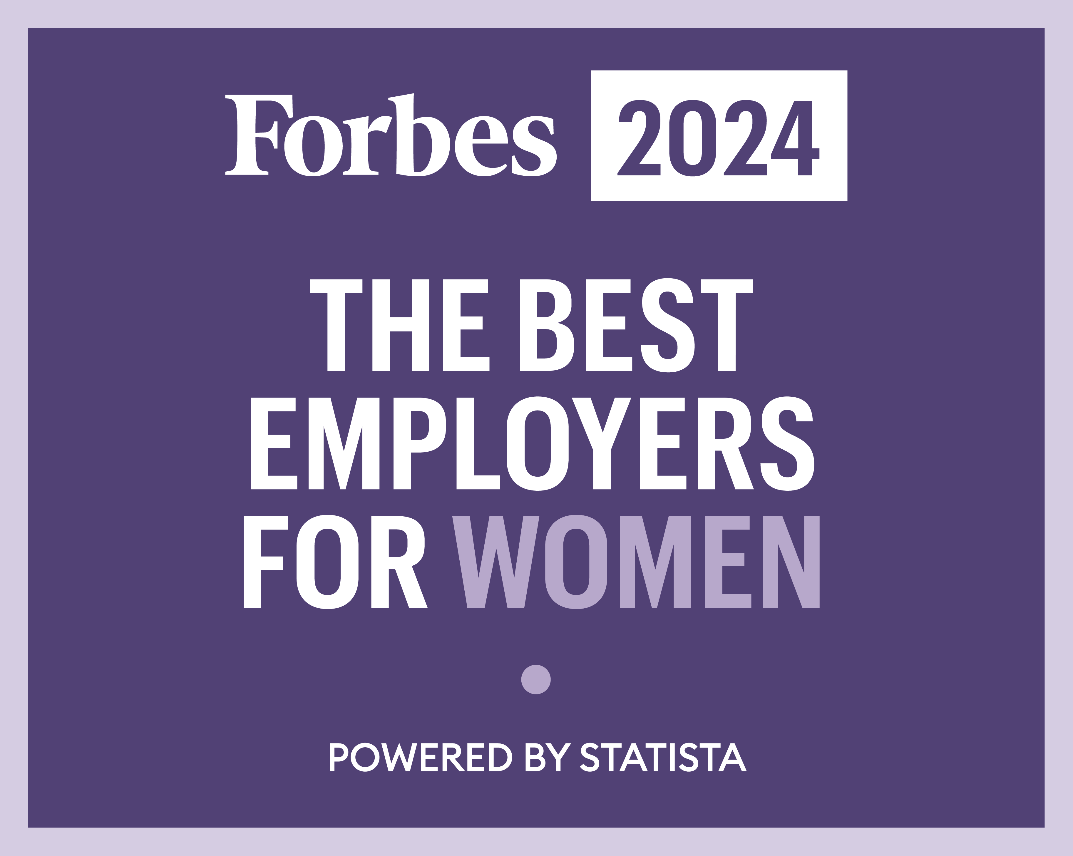 The image is a logo or badge from Forbes for the year 2024, indicating recognition of "The Best Employers for Women." The logo is predominantly purple with white text. The phrase "POWERED BY STATISTA" appears at the bottom.