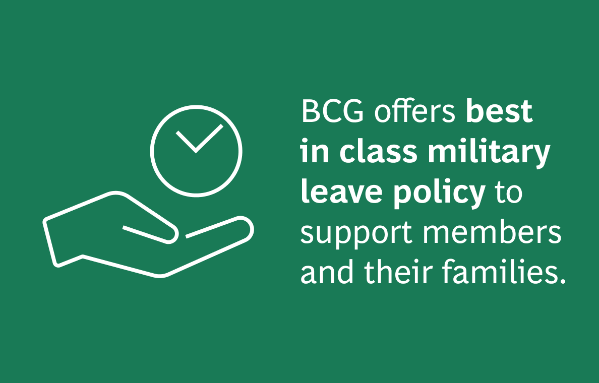 On a green background, there is a white outline of a hand holding a circle with a checkmark inside, symbolizing approval or support. The accompanying text reads: "BCG offers best in class military leave policy to support members and their families."